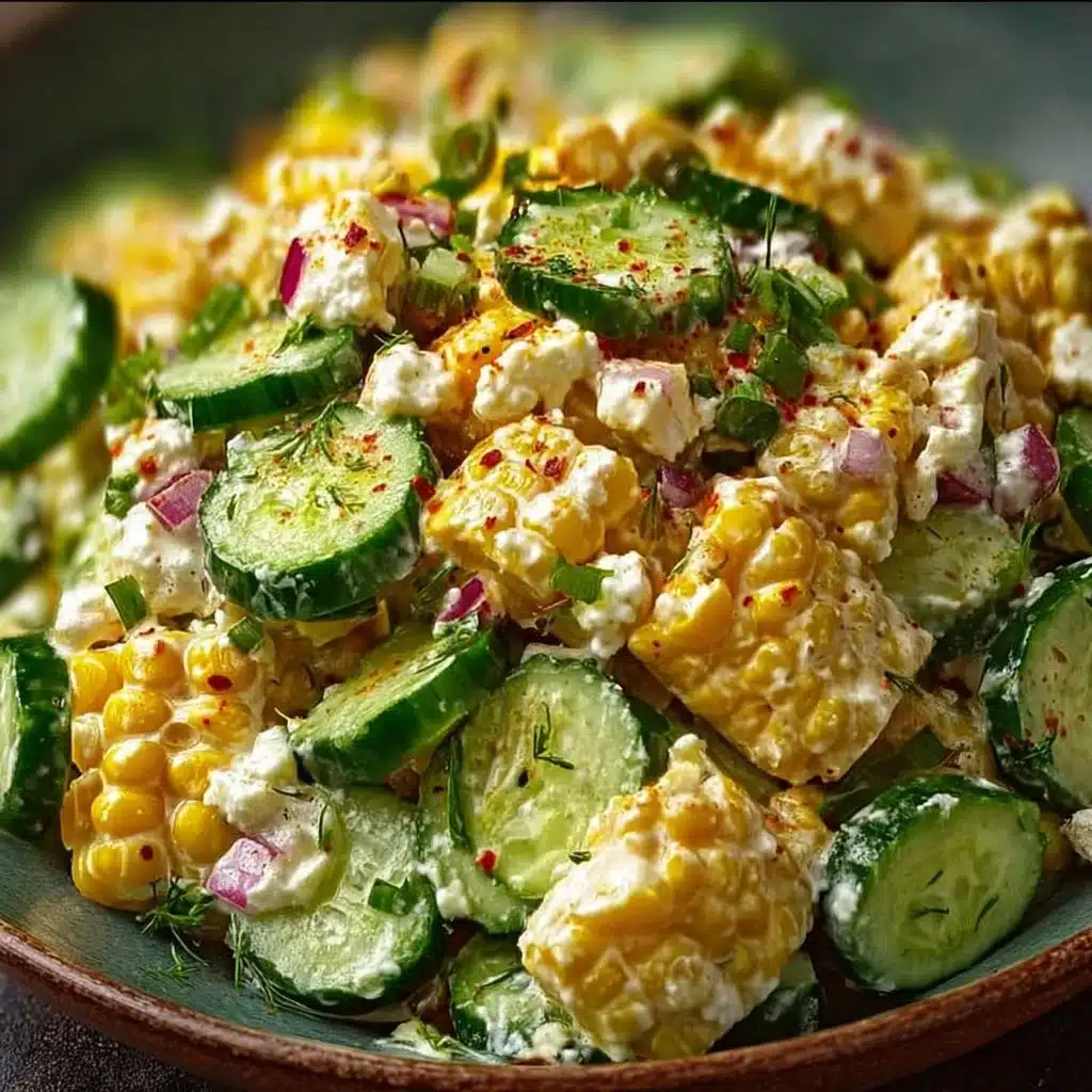 Delicious Street Corn Creamy Cucumber Salad served in a bowl