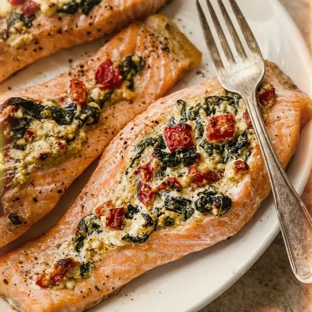 Stuffed salmon fillet with spinach and feta cheese on a plate