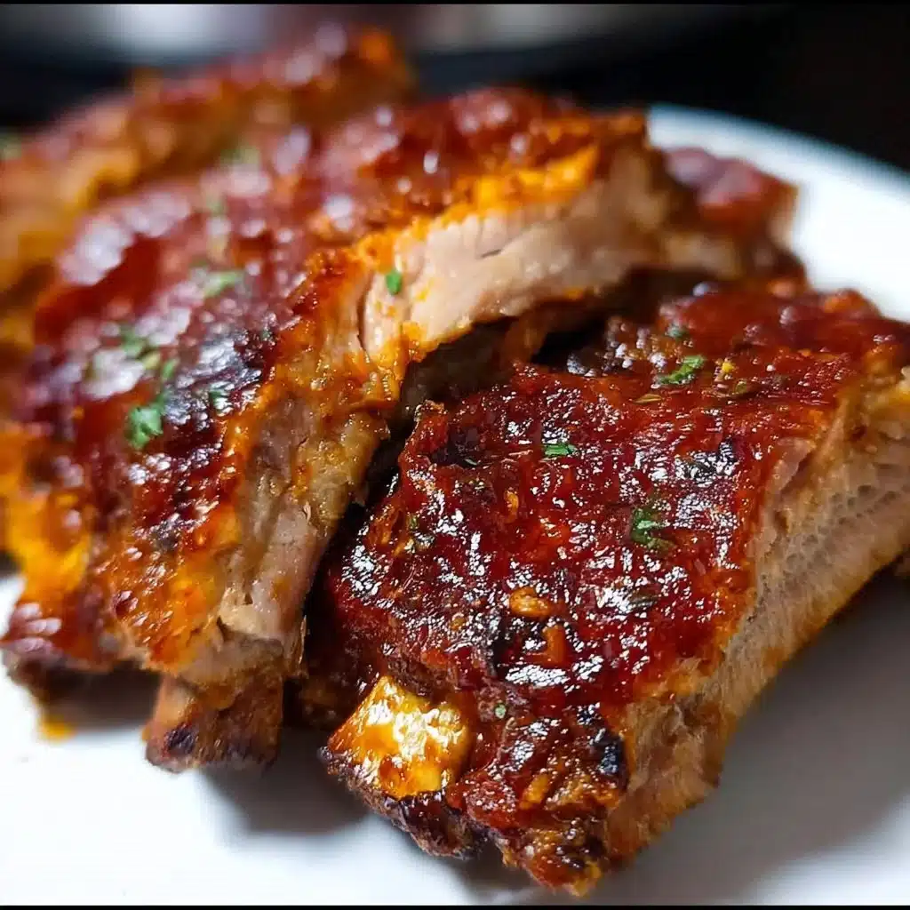 Delicious instant pot ribs cooked in a pressure cooker with vibrant BBQ sauce.