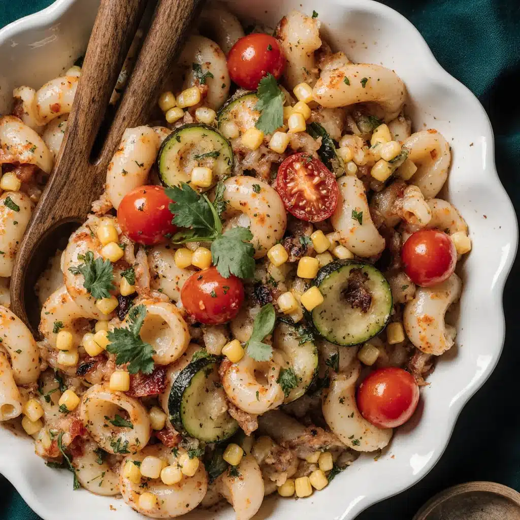Plate of tortellini with vibrant summer vegetables