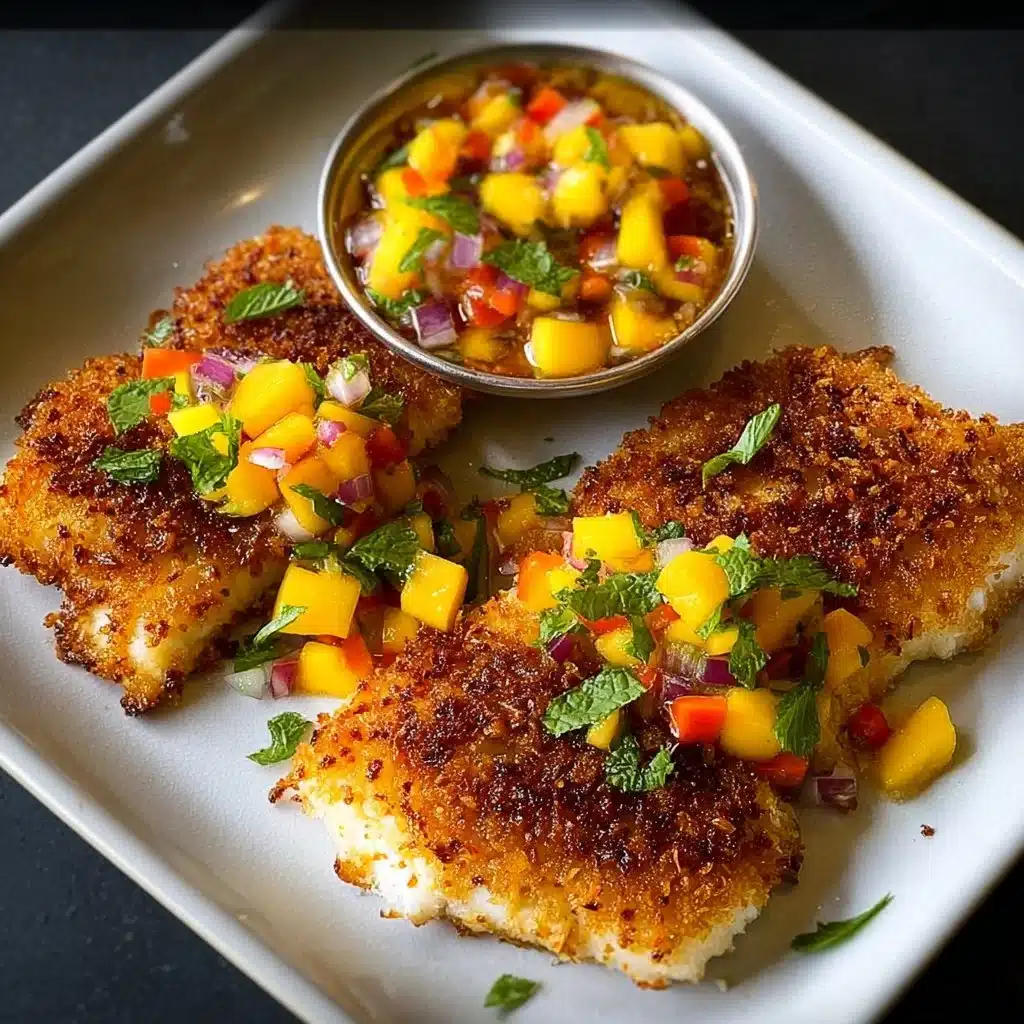 Coconut crusted fish served with vibrant mango salsa in a tropical setting