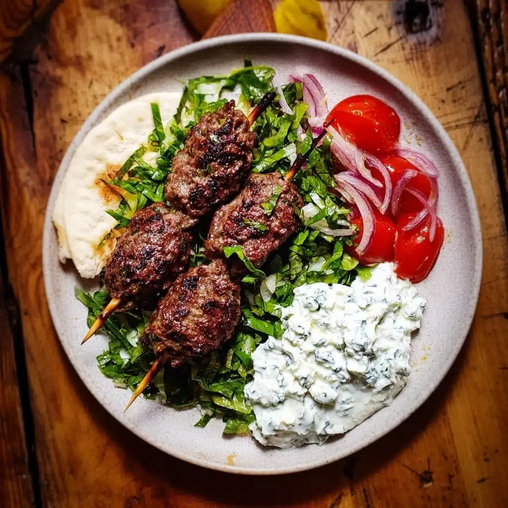 Baked Greek Kofta Kebabs served with tzatziki sauce on a plate