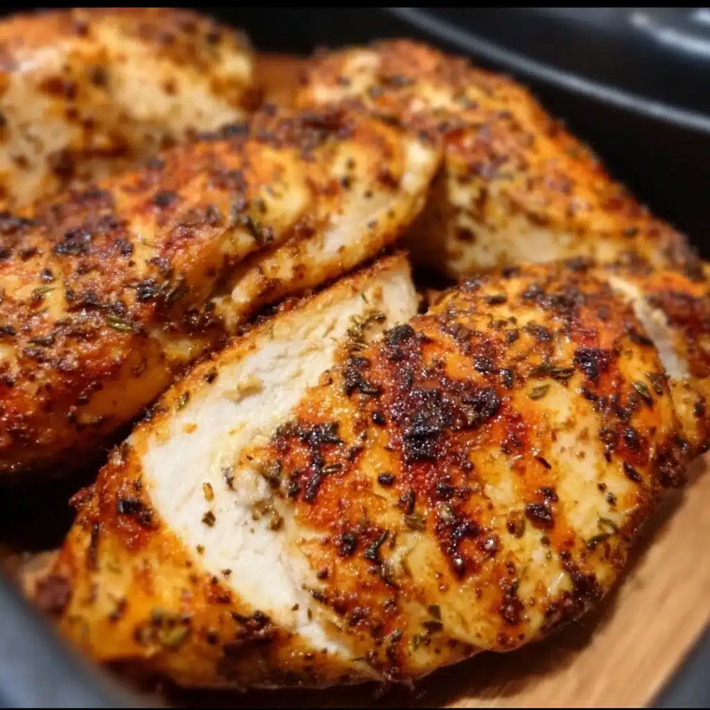 Juicy air fryer grilled chicken recipe with seasoning and garnish