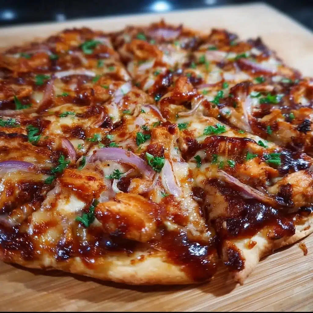 Delicious BBQ chicken pizza topped with cheese, onions, and barbecue sauce.