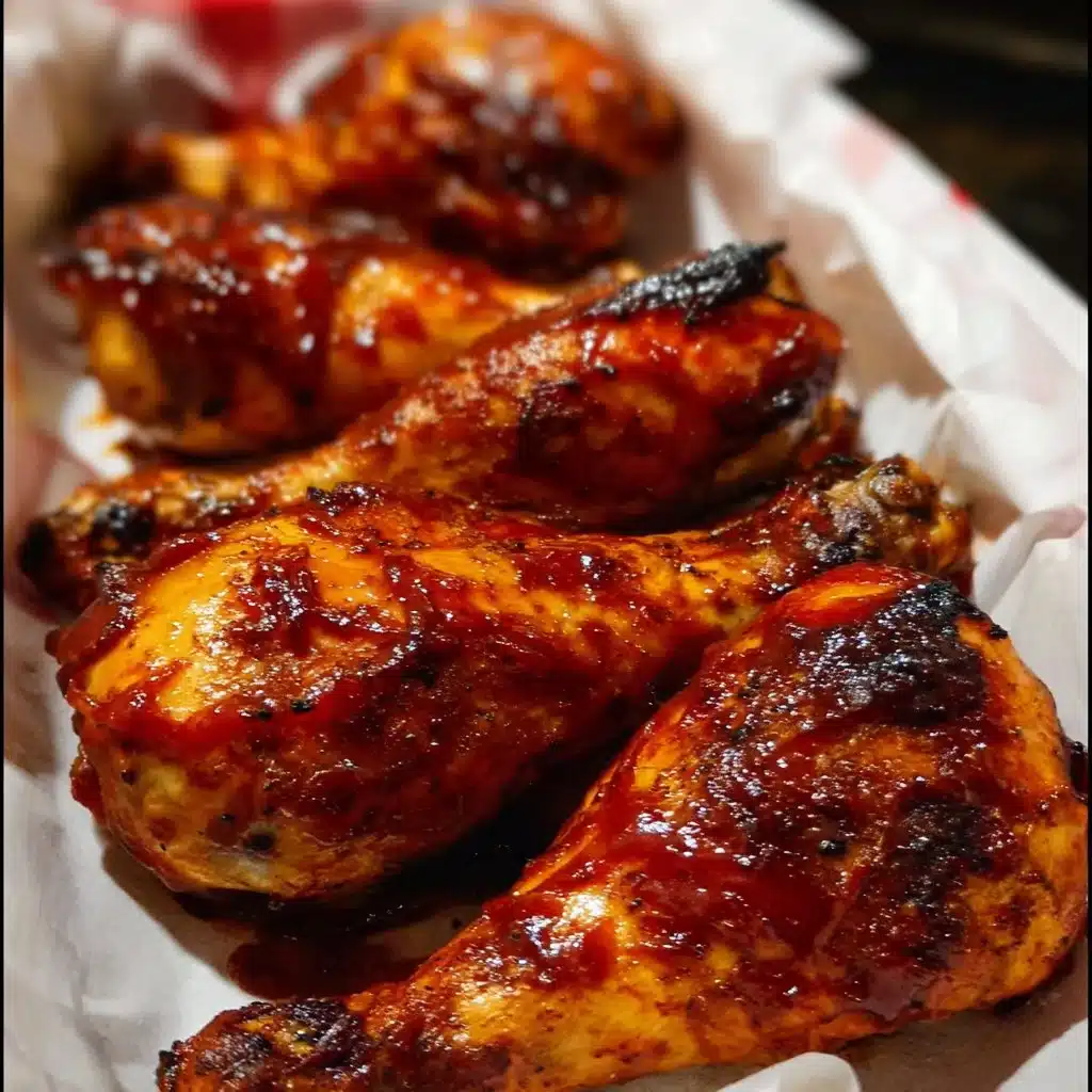 Baked BBQ chicken drumsticks on a grill, ready to serve.