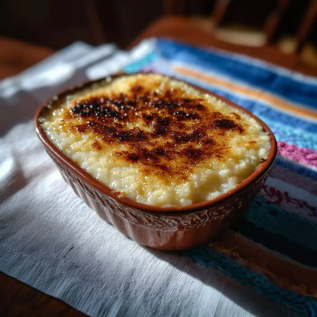 Delicious baked rice pudding topped with cinnamon and nuts