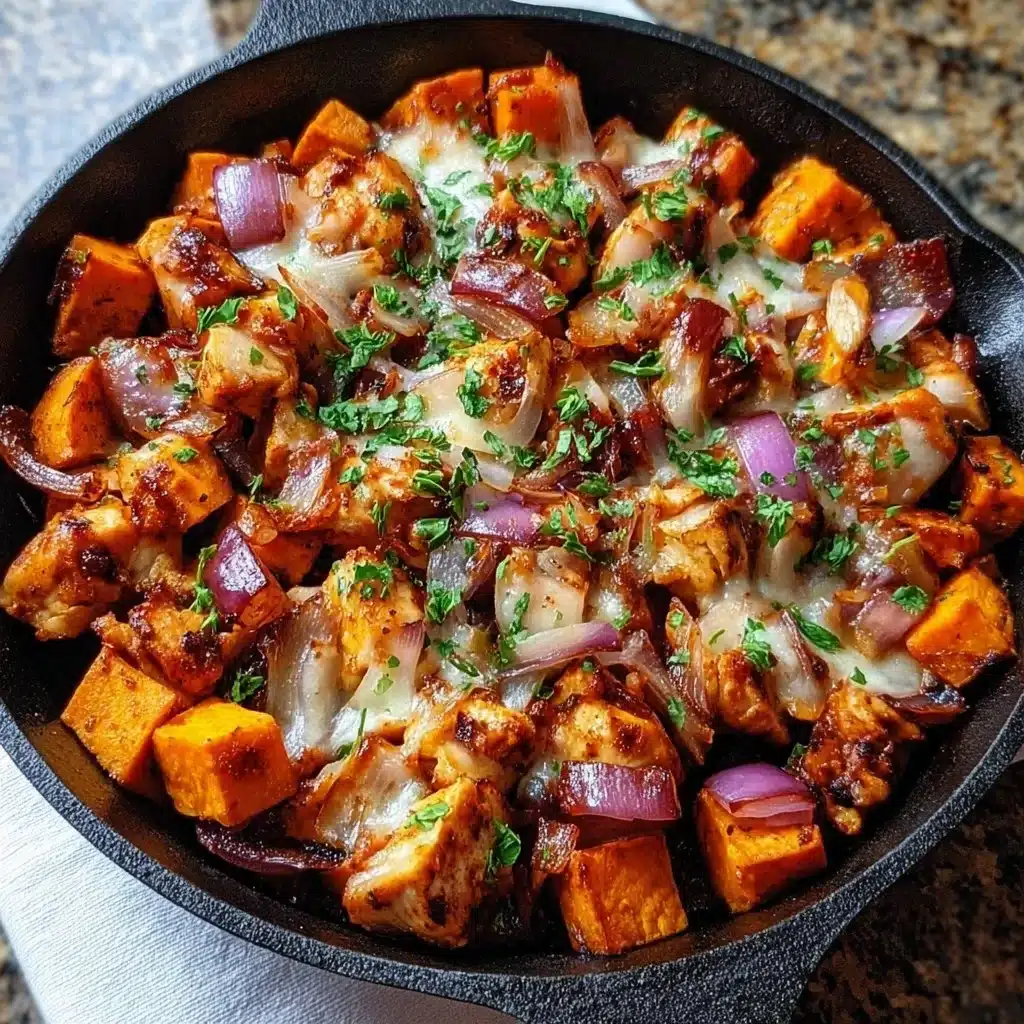 BBQ chicken sweet potato skillet in a cast iron pan with colorful vegetables