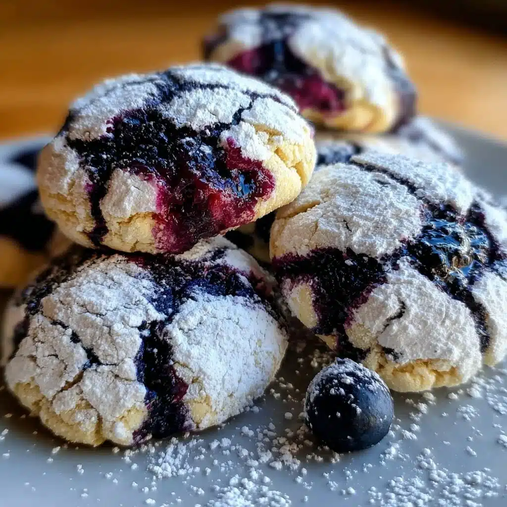Freshly baked blueberry lemon crinkle cookies on a cooling rack.