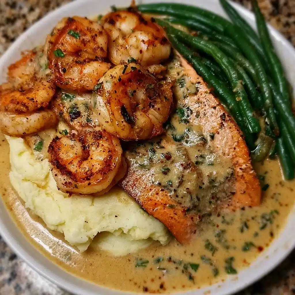 Cajun Shrimp and Salmon with Garlic Cream Sauce served on a plate