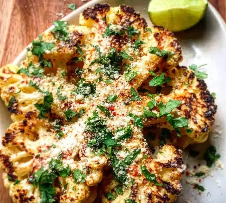 Deliciously grilled Cauliflower Elote topped with cheese and spices