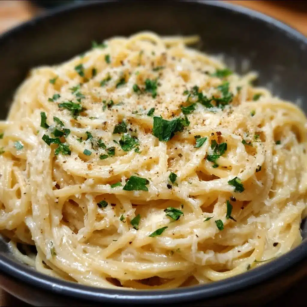 Plate of creamy Garlic Parmesan Spaghetti with garlic and cheese garnished.