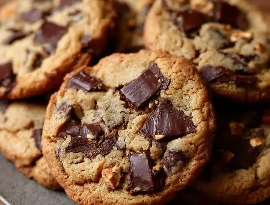 Homemade chewy chocolate chunk cookies fresh out of the oven.