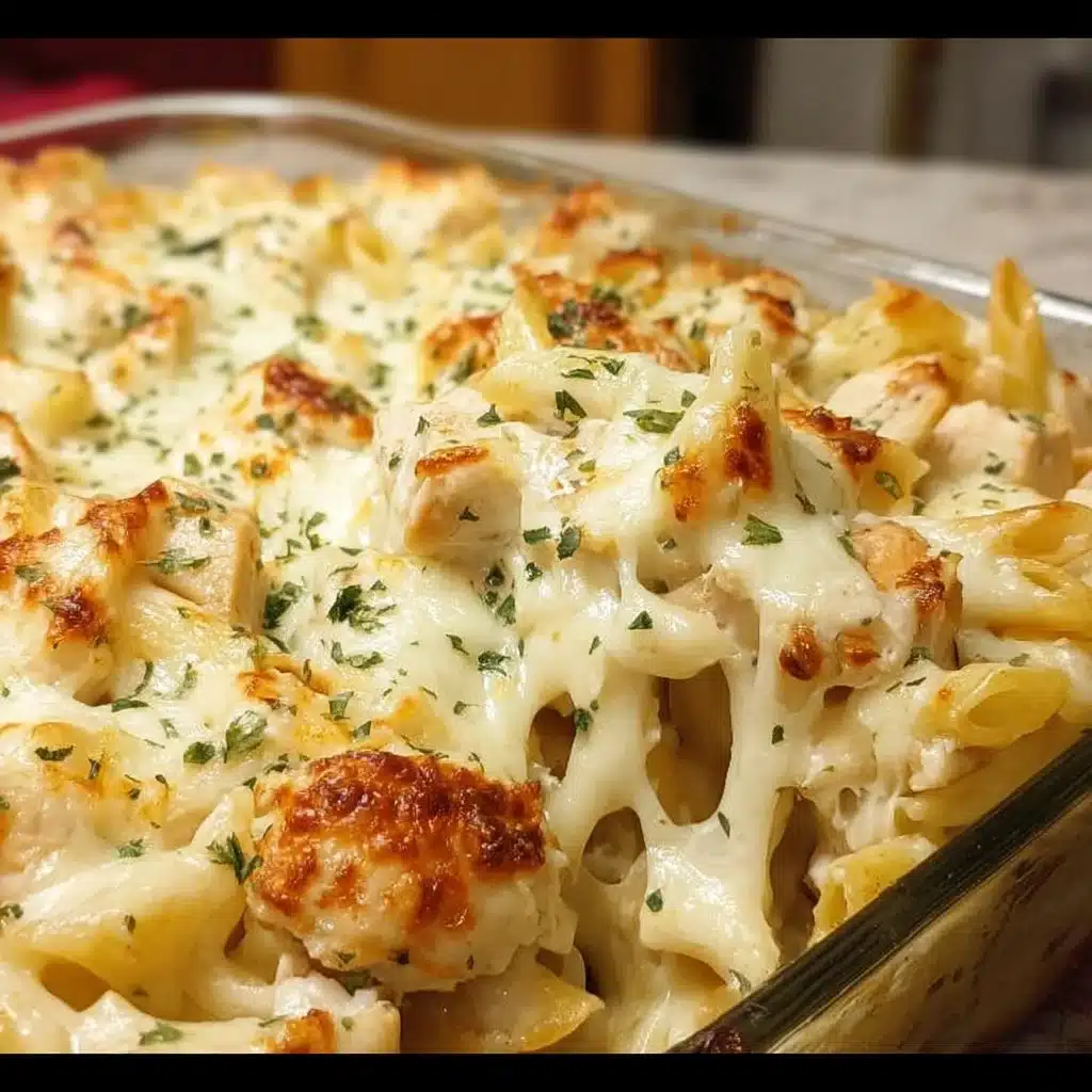 Delicious Chicken Alfredo Bake topped with cheese and herbs.