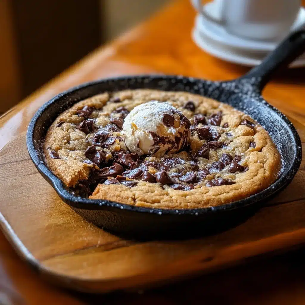 Warm chocolate chip skillet cookie served in a cast iron pan