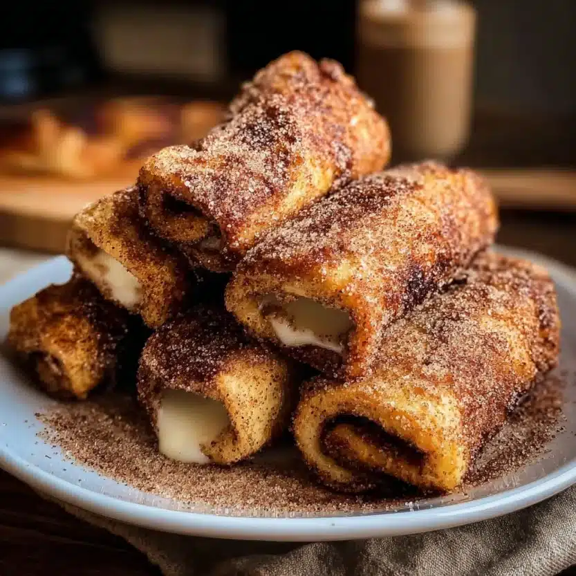Cinnamon Sugar French Toast Roll-Ups served on a plate with fresh fruit