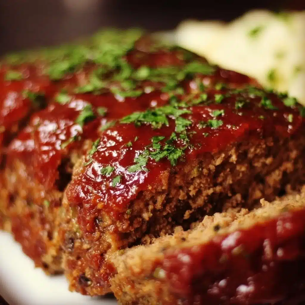 Delicious classic meatloaf served on a white plate with parsley garnish.