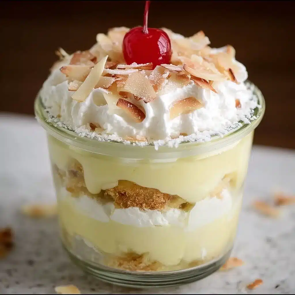 Delicious coconut pudding trifle layered with fruits and whipped cream