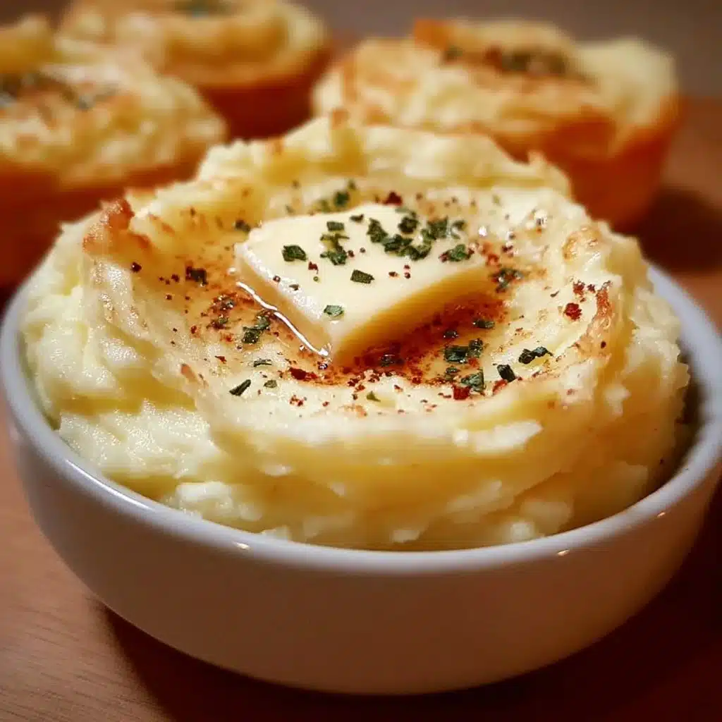 Creamy buttery mashed potatoes served in a bowl with herbs on top.