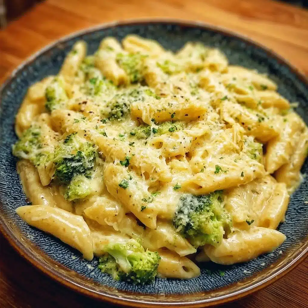 Creamy cheesy broccoli pasta dish topped with fresh herbs and cheese
