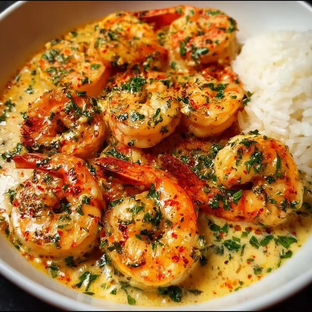 Creamy garlic butter shrimp served on a plate with herbs and lemon garnish