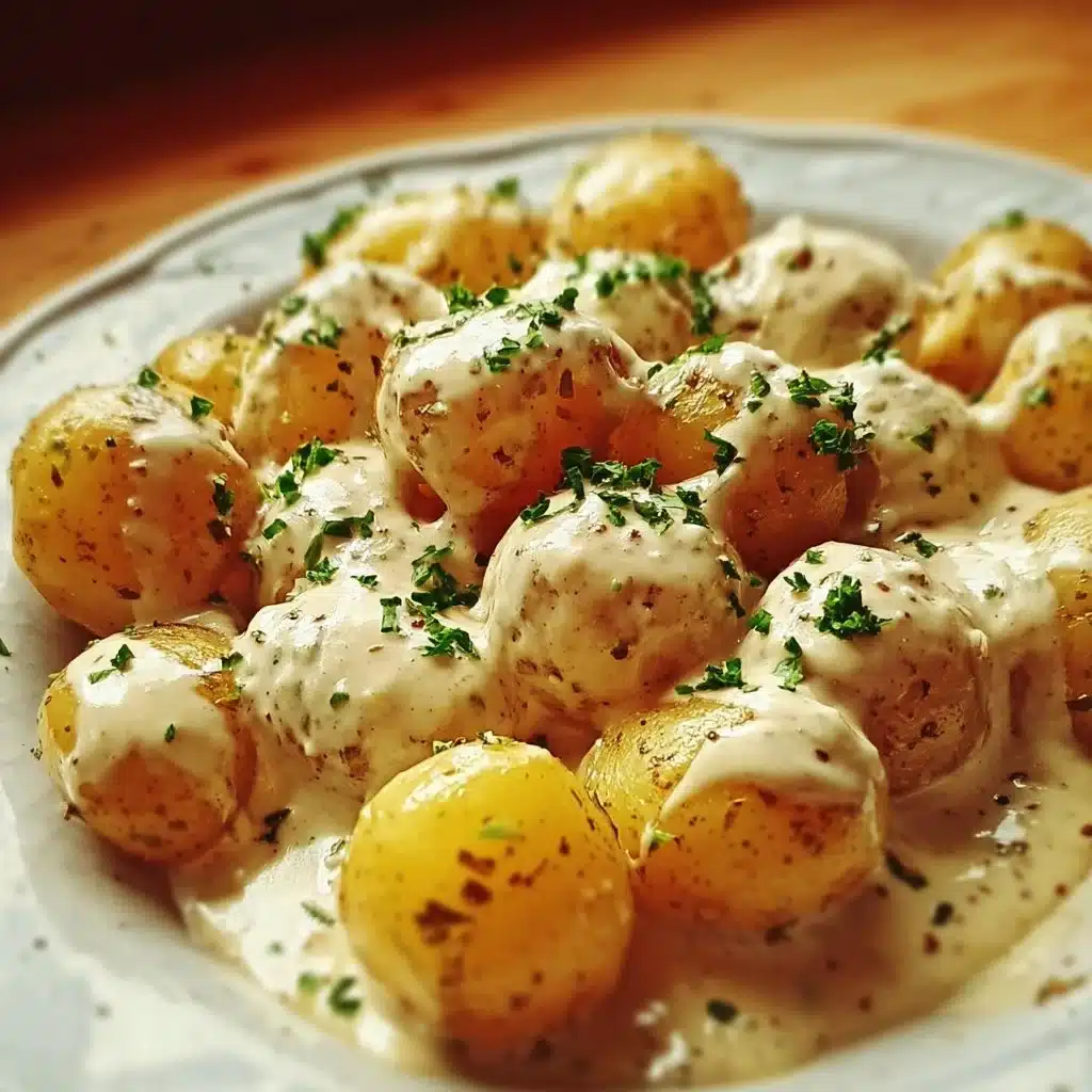 Creamy garlic sauce baby potatoes served in a bowl