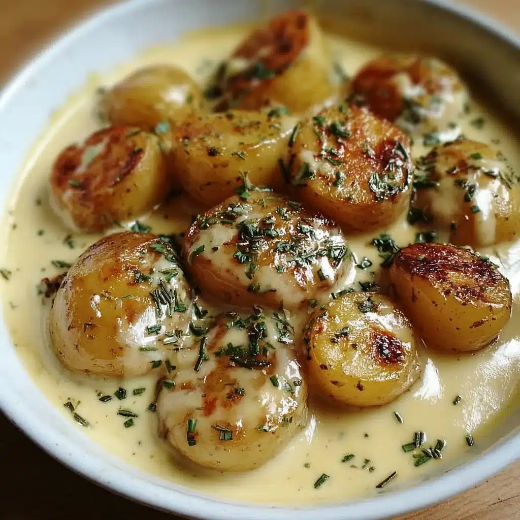 Creamy garlic sauce served over baby potatoes for a delicious dish