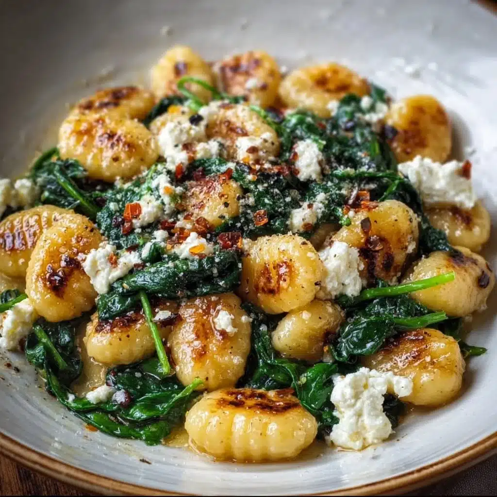 Delicious creamy gnocchi topped with spinach and feta cheese