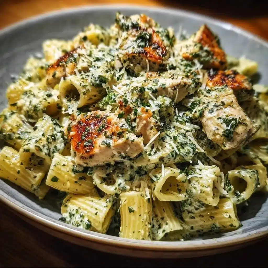 Creamy Pesto Chicken Pasta garnished with fresh basil and cherry tomatoes