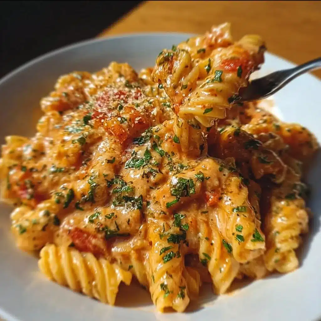 Creamy tomato garlic pasta garnished with fresh herbs and parmesan cheese