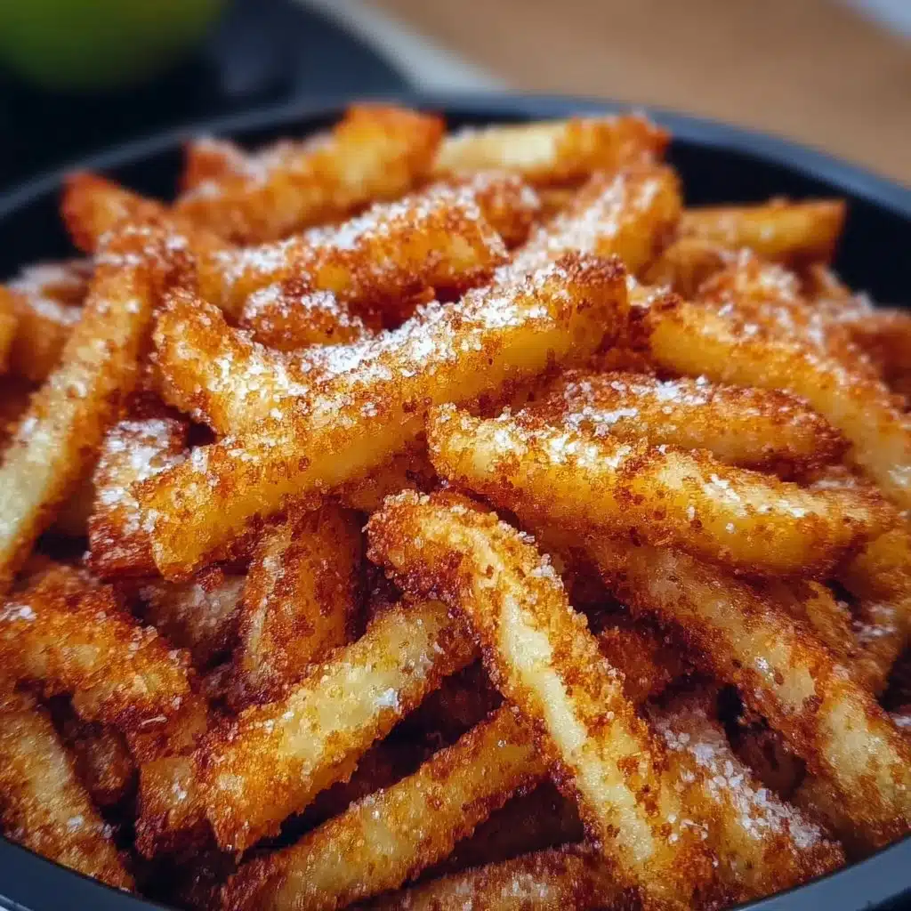 Crispy air fryer apple fries served on a plate with a dipping sauce