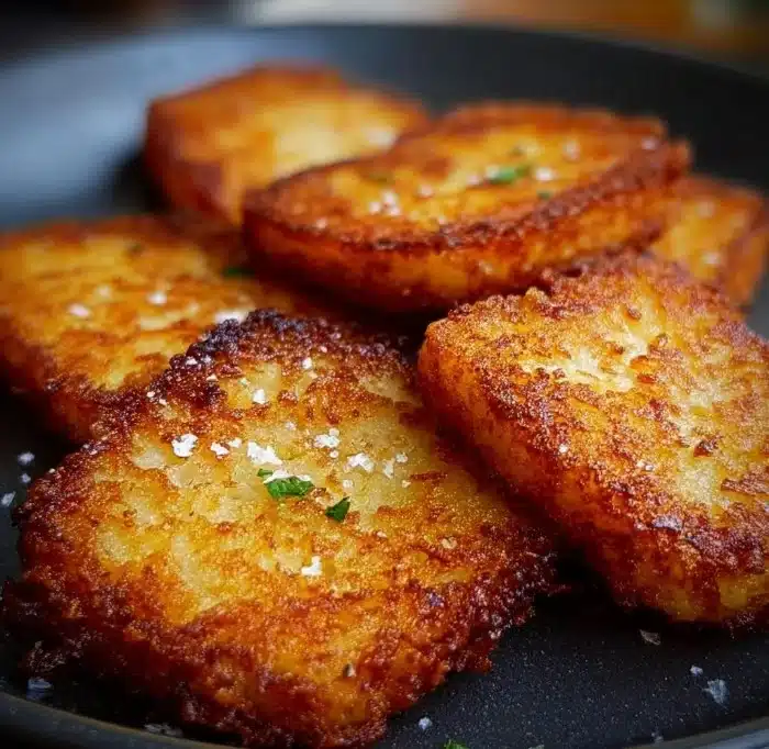 Golden crispy hash browns served on a plate, perfect for breakfast.