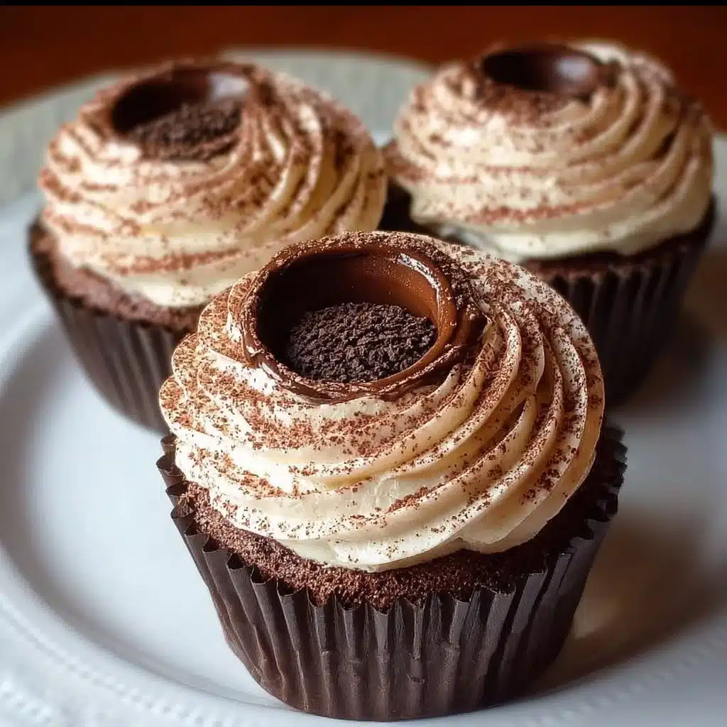 Delicious chocolate tiramisu cupcakes topped with creamy frosting and cocoa powder.
