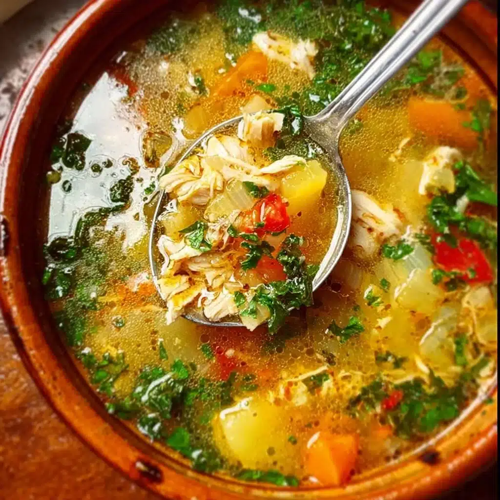 Bowl of easy vegetable chicken detox soup filled with fresh vegetables and chicken.