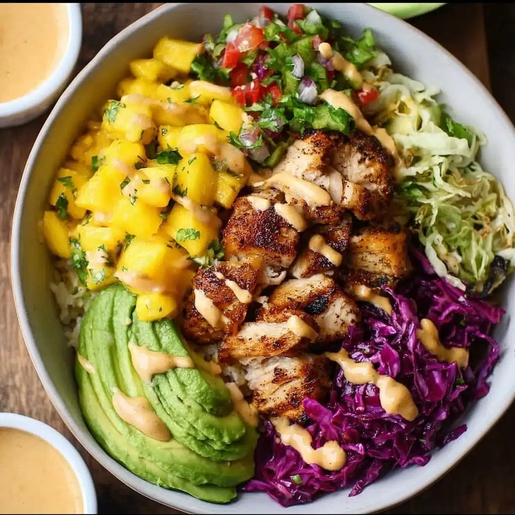 Delicious Fish Taco Bowl topped with Mango Salsa and Chipotle Aioli