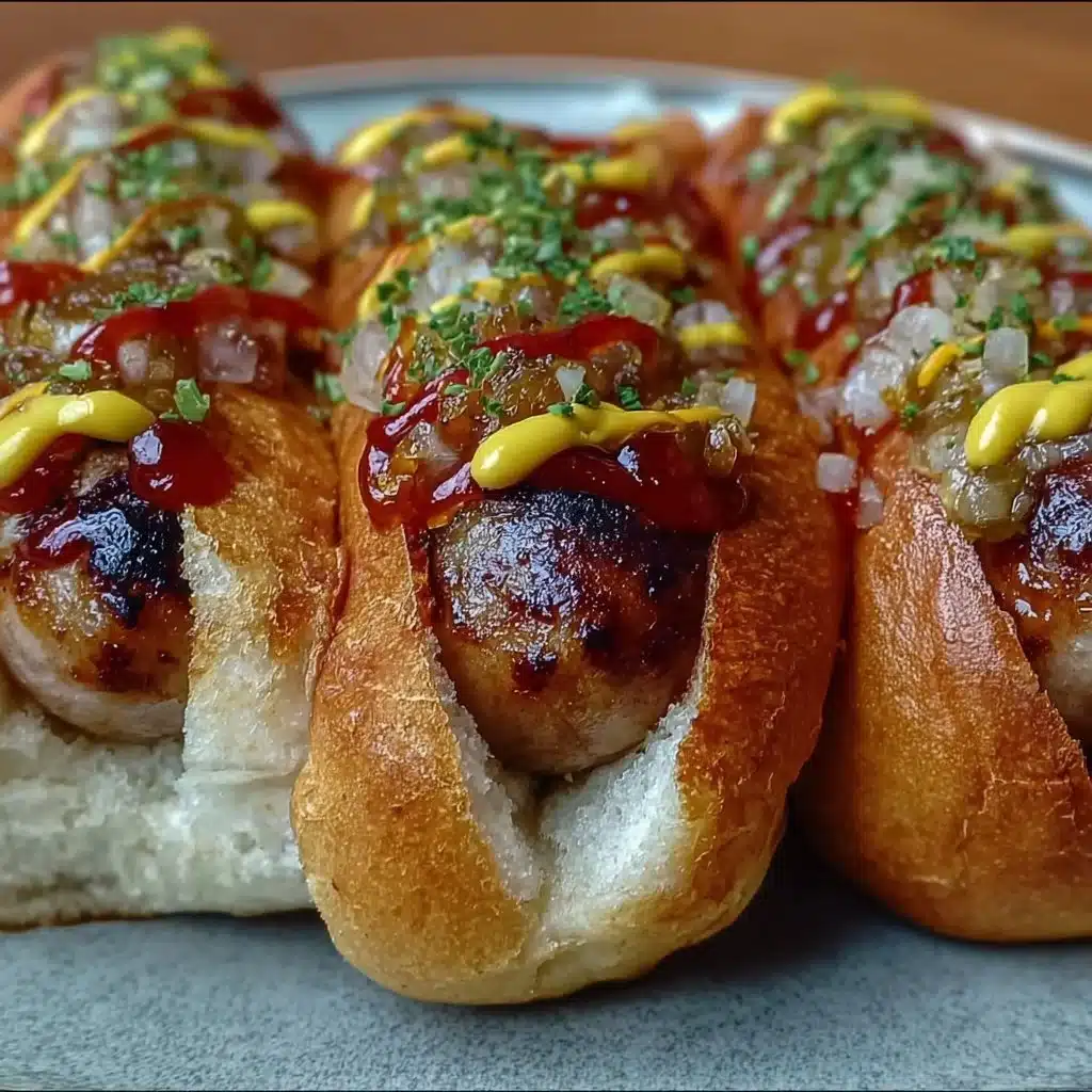 Flavorful Firecracker Hot Dogs topped with spicy ingredients on a grill plate