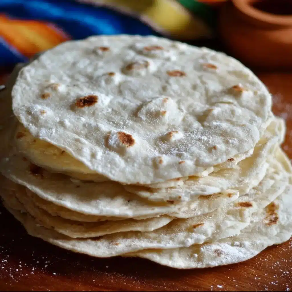 Homemade flour tortillas stacked on a wooden board