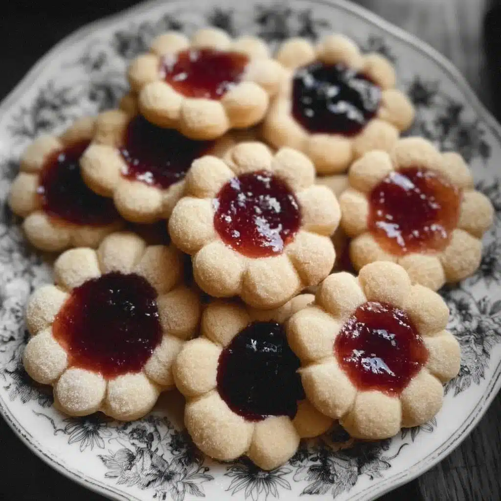 Flower Jam Thumbprint Cookies on a plate, showcasing their beautiful design and vibrant colors.