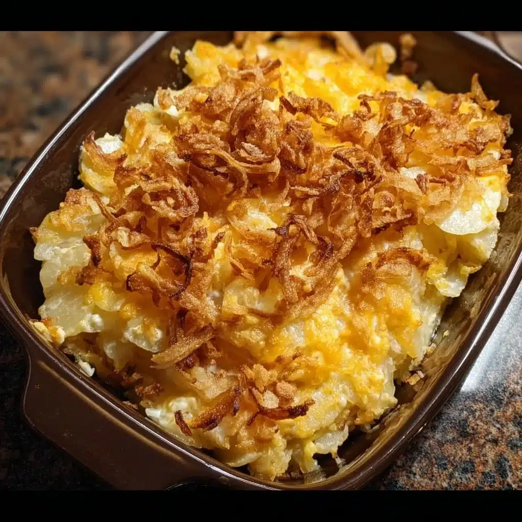 Delicious French Onion Funeral Potatoes served in a creamy casserole dish