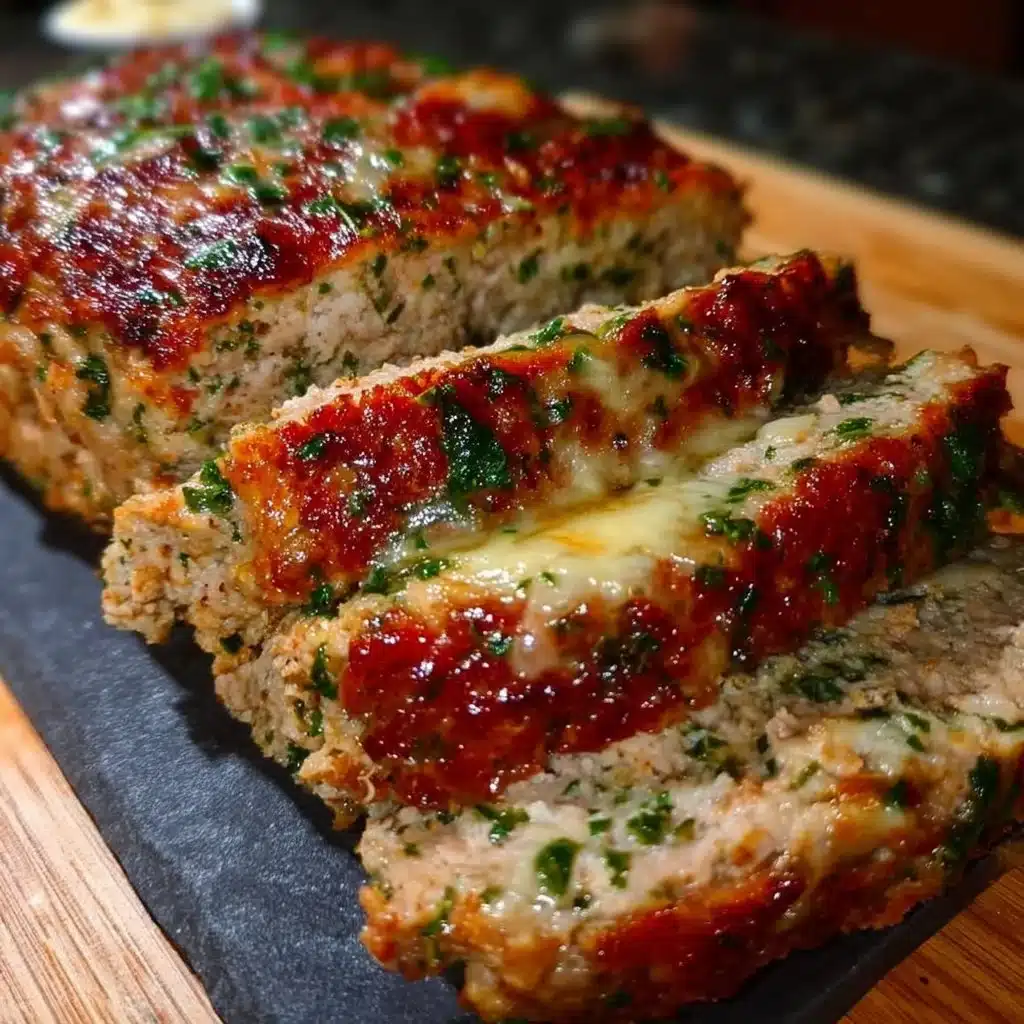 Garlic Parmesan Chicken Meatloaf topped with herbs and cheese.