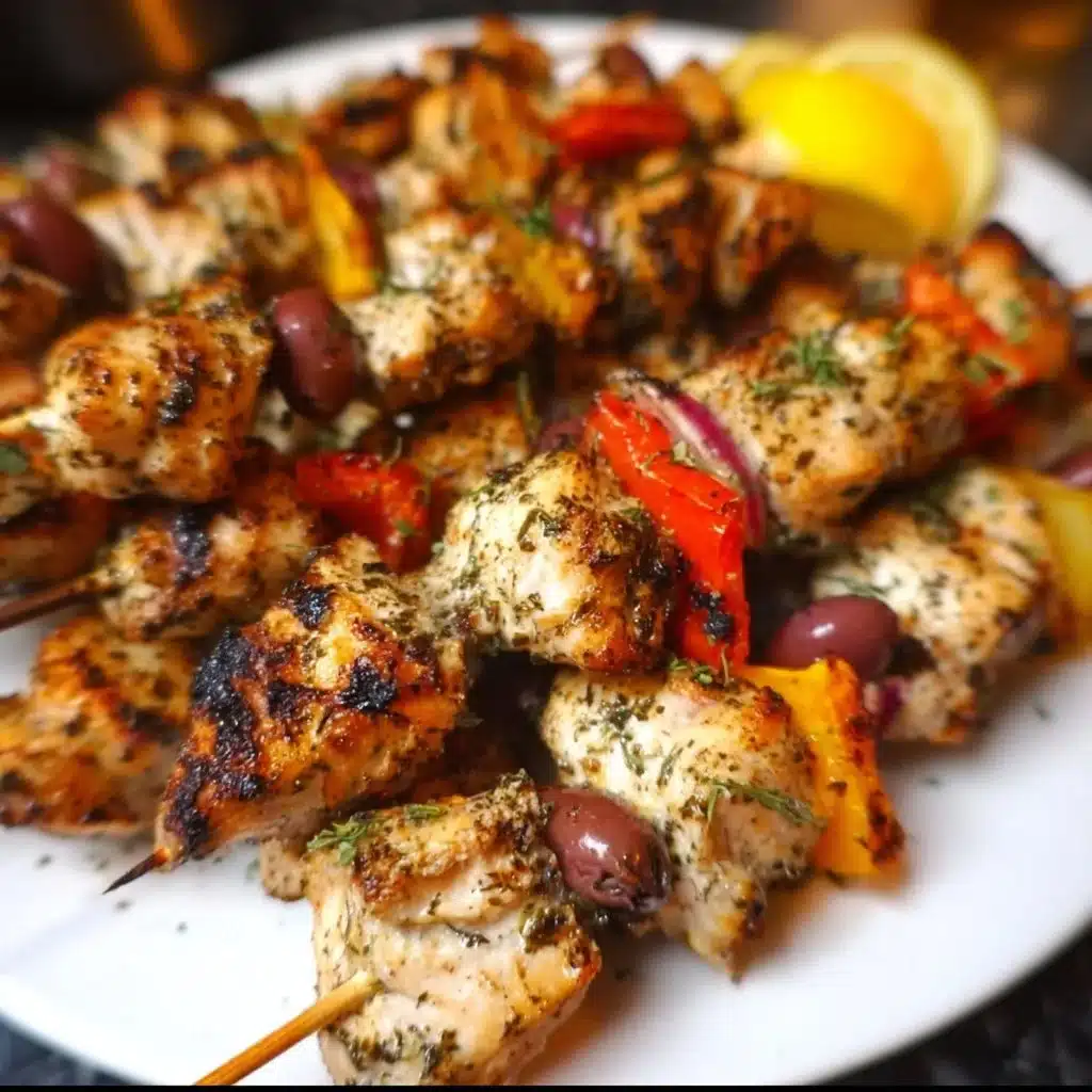 Grilled Greek Chicken Kabobs with colorful vegetables on skewers