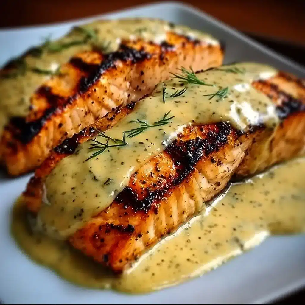 Grilled salmon fillet served with creamy Dijon mustard sauce on a white plate.