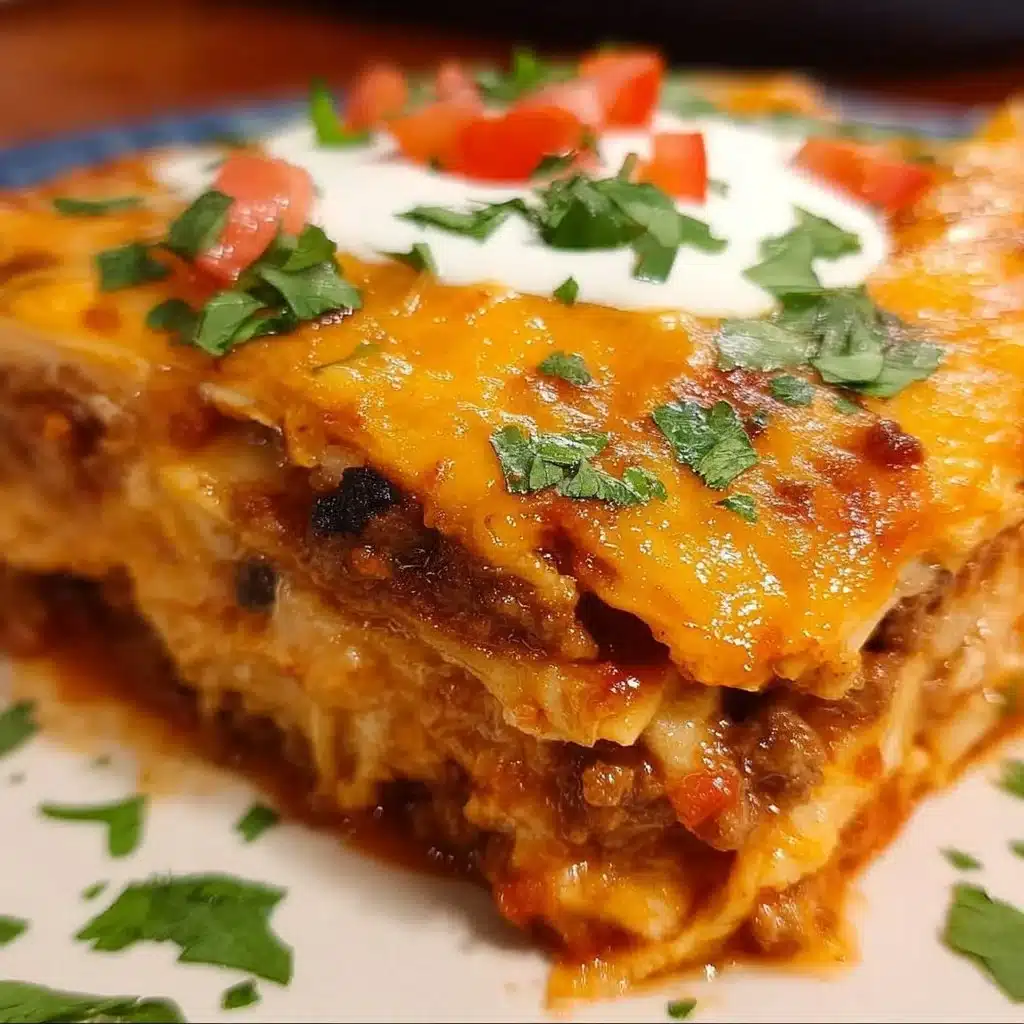Layered Ground Beef Mexican Lasagna with cheese and spices