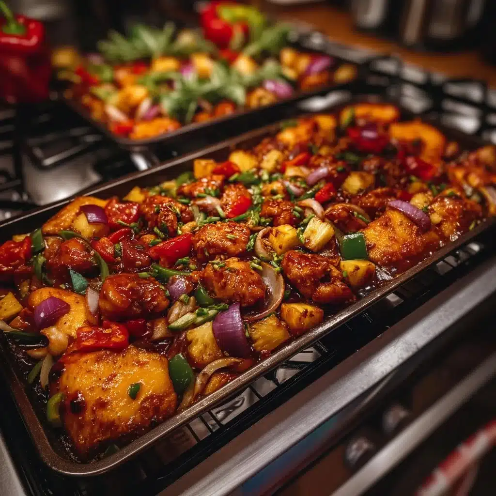Sheet pan Hawaiian chicken with colorful vegetables and pineapple.