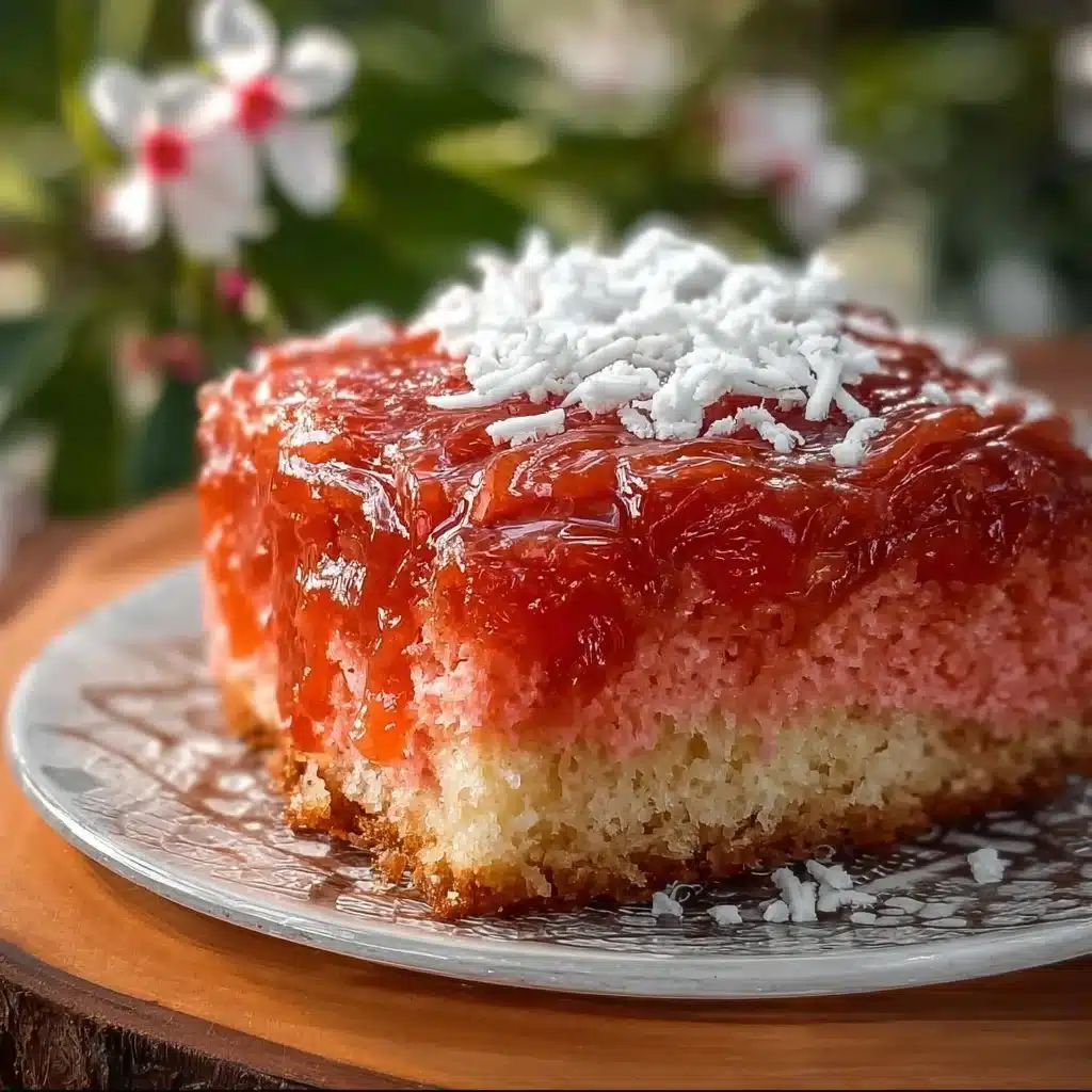 Slice of Hawaiian Guava Cake with vibrant guava frosting and tropical decorations.
