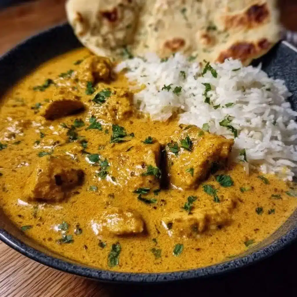 Delicious homemade Chicken Korma served with flatbread and rice