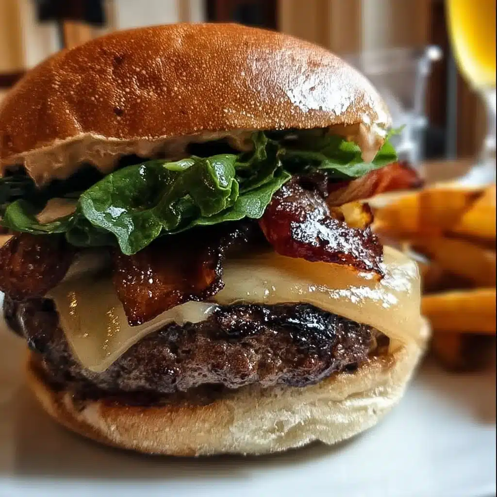 Delicious Irish Pub Burger with toppings and fries served in a rustic pub setting
