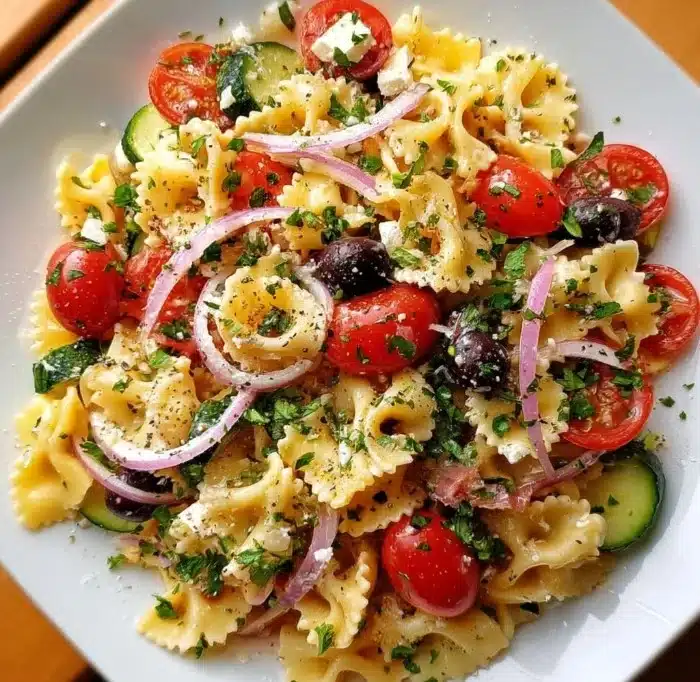 Bowl of irresistible Mediterranean pasta salad with colorful vegetables and herbs