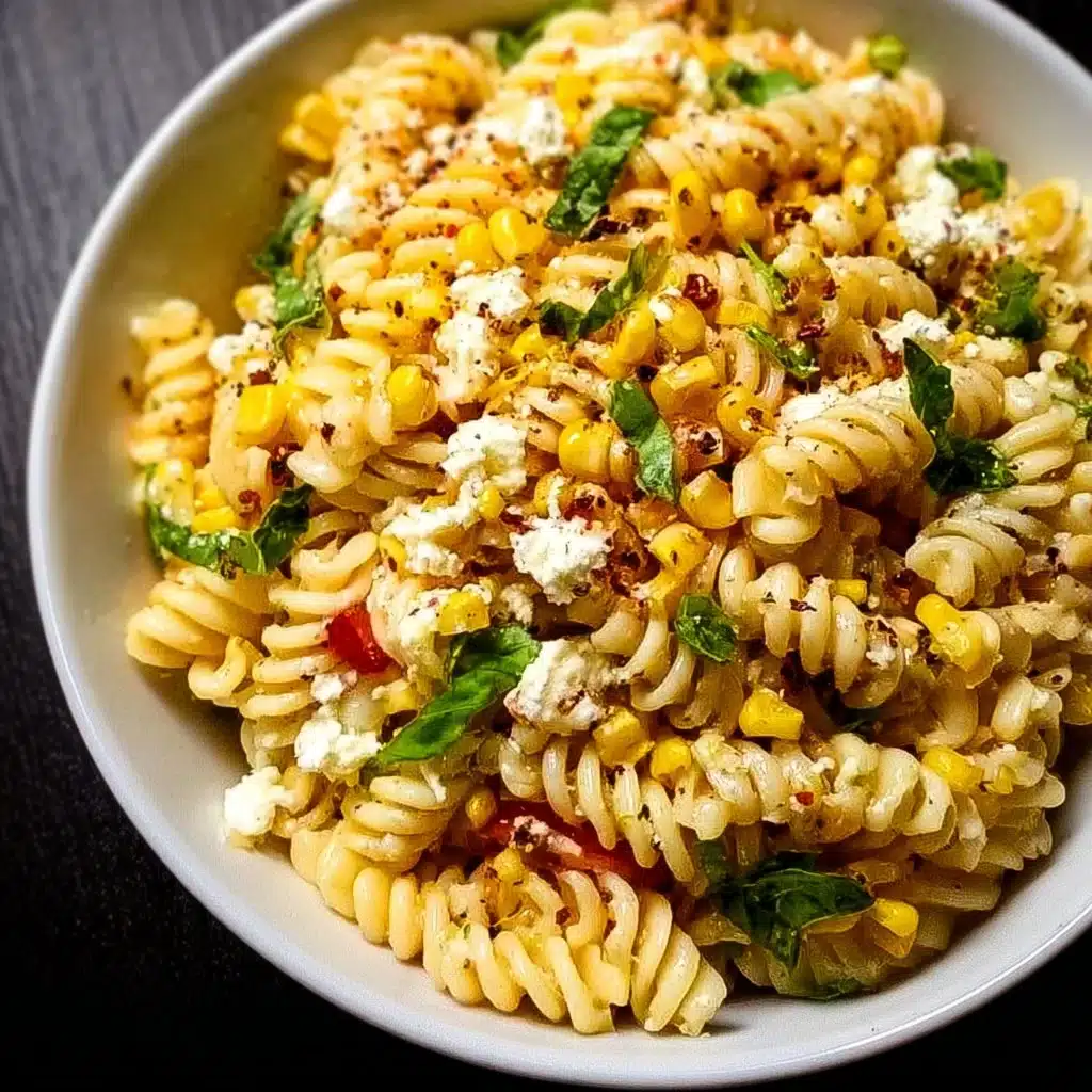 Delicious Juicy Street Corn Pasta Salad served in a bowl with fresh toppings