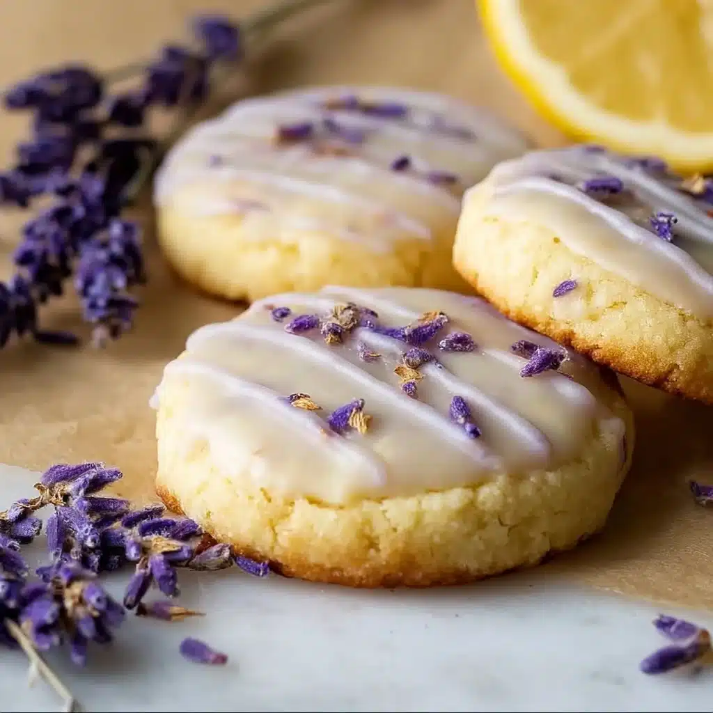 Lemon lavender cookies drizzled with citrus lavender glaze on a white plate.