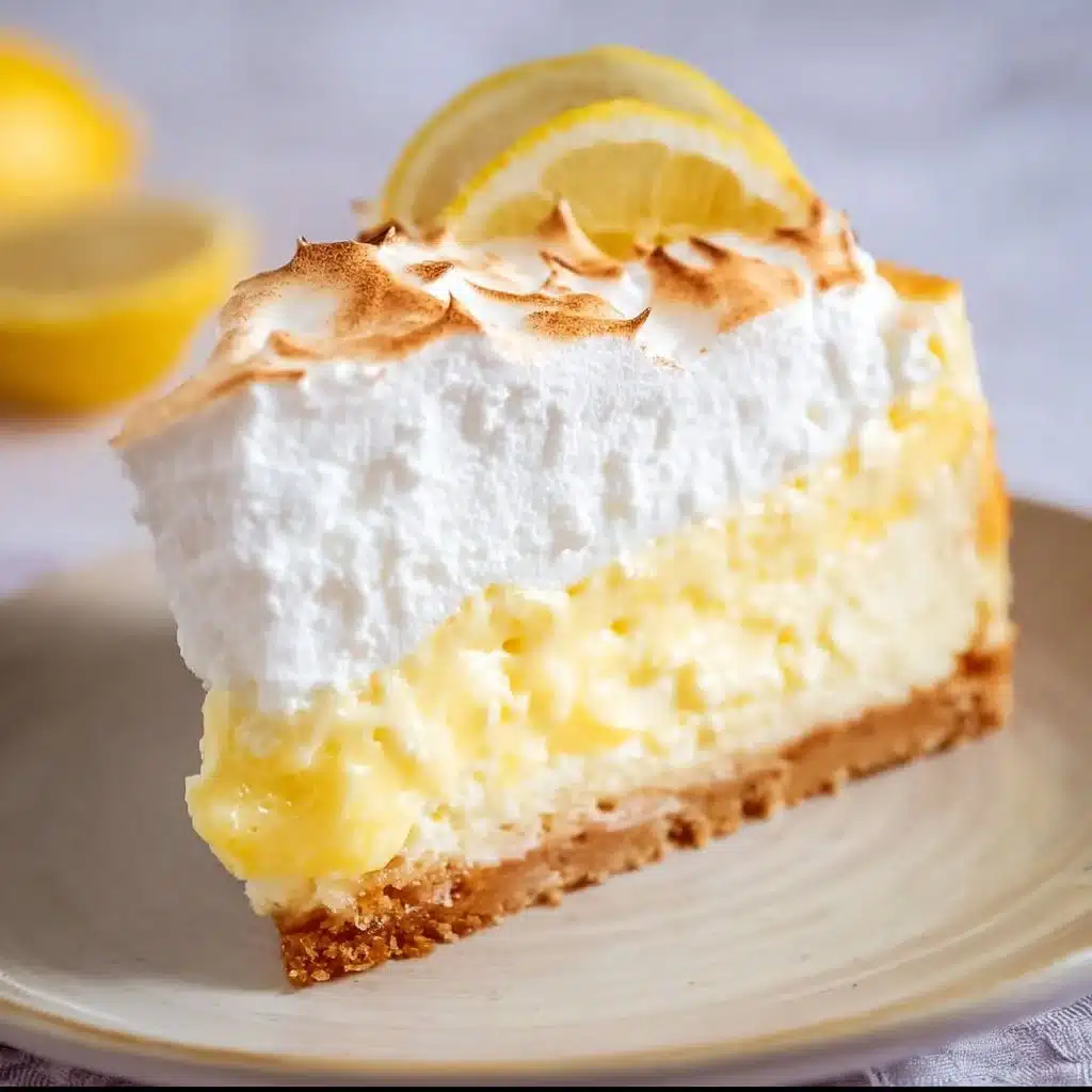Slice of delicious Lemon Meringue Cheesecake with creamy filling and meringue topping.